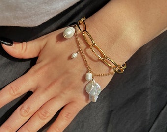Freshwater Baroque Pearl Bracelet, Pearl Bracelet Gold, Irregular Pearl Bracelet, Gold Chain Bracelet, Coin Pearl Bracelet, Chunky Bracelet