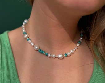 Blue Pearl Necklace, Gemstone Pearl Necklace, Howlite Gemstone Necklace, Mixed Pearl Necklace, Pearl And Gemstone Choker, Howlite Necklace