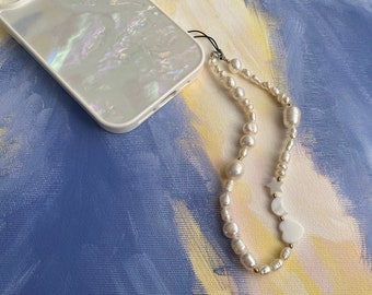 Süßwasser Perle Handy Anhänger: Perlen Handyanhänger mit Muscheln