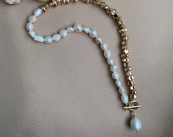Halb Gold Halb Perlenkette, Barock Perlenkette, Perlen Choker Gold, Perlenkette mit Anhänger, Einzelperlenkette, Geburtstagsgeschenk