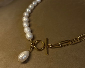 Baroque Pearl Choker Gold, Half Pearl Half Paperclip Chain Necklace, Beaded Gold Choker, Half Chain Half Pearl Necklace, Gift For Her