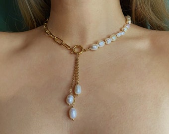 Halve parel halve paperclipketting, gouden parelketting met kralen, ketting zoetwaterparel gouden ketting, halve parel halve gouden ketting