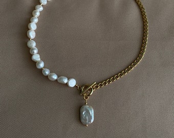 Collier mi-or mi-perles, tour de cou en perles, chaîne en or, breloques de collier de perles, mi-chaîne mi-perle, collier chaîne cubaine, cadeau de Noël
