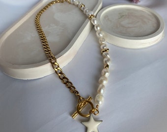 Unique Half Gold Chain Half Freshwater Pearl Necklace, Pearl and Gold Necklace, Pearl Necklace Beaded Choker Star Pendant, Gift for Her/Mom