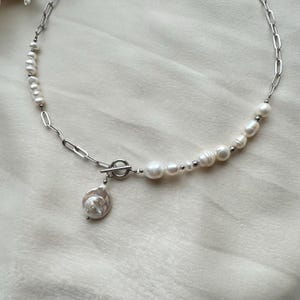 Half Pearl Half Silver Necklace, Half Pearl Half Chain Necklace, Pearl Necklace Silver, Silver Chain Necklace, Pearl Choker Silver Chain