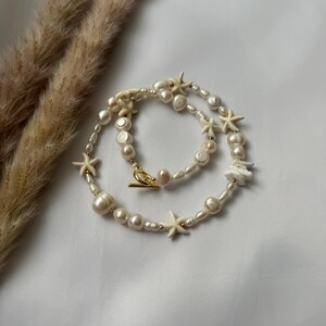 Irregular Pearl Necklace With Starfish, Surfer Starfish Necklace, Mixed Pearl Necklace, Starfish Choker Beige, Seashell And Starfish Choker