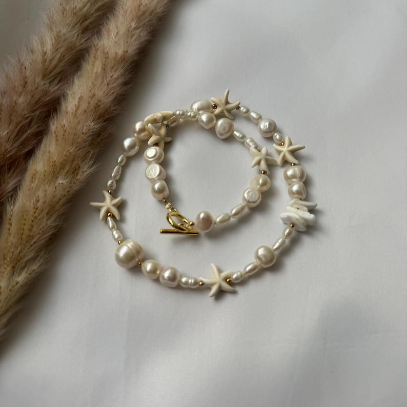 Irregular Pearl Necklace With Starfish, Surfer Starfish Necklace, Mixed Pearl Necklace, Starfish Choker Beige, Seashell And Starfish Choker