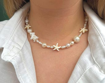 Mixed Pearl Necklace With Starfish, Surfer Starfish Necklace,Dainty Beaded Necklace, Starfish Choker Beige, Seashell And Starfish Choker