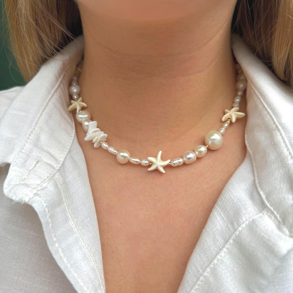 Irregular Pearl Starfish Choker: Surfer Seashell Necklace