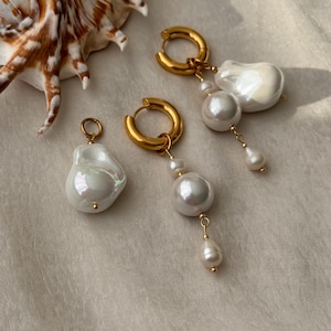 Large Pearl Shell Earrings, Large Baroque Pearl Earrings, Large Pearl Hoop Earrings, Chunky Hoop Earrings, Gold Pearl Hoop Earrings