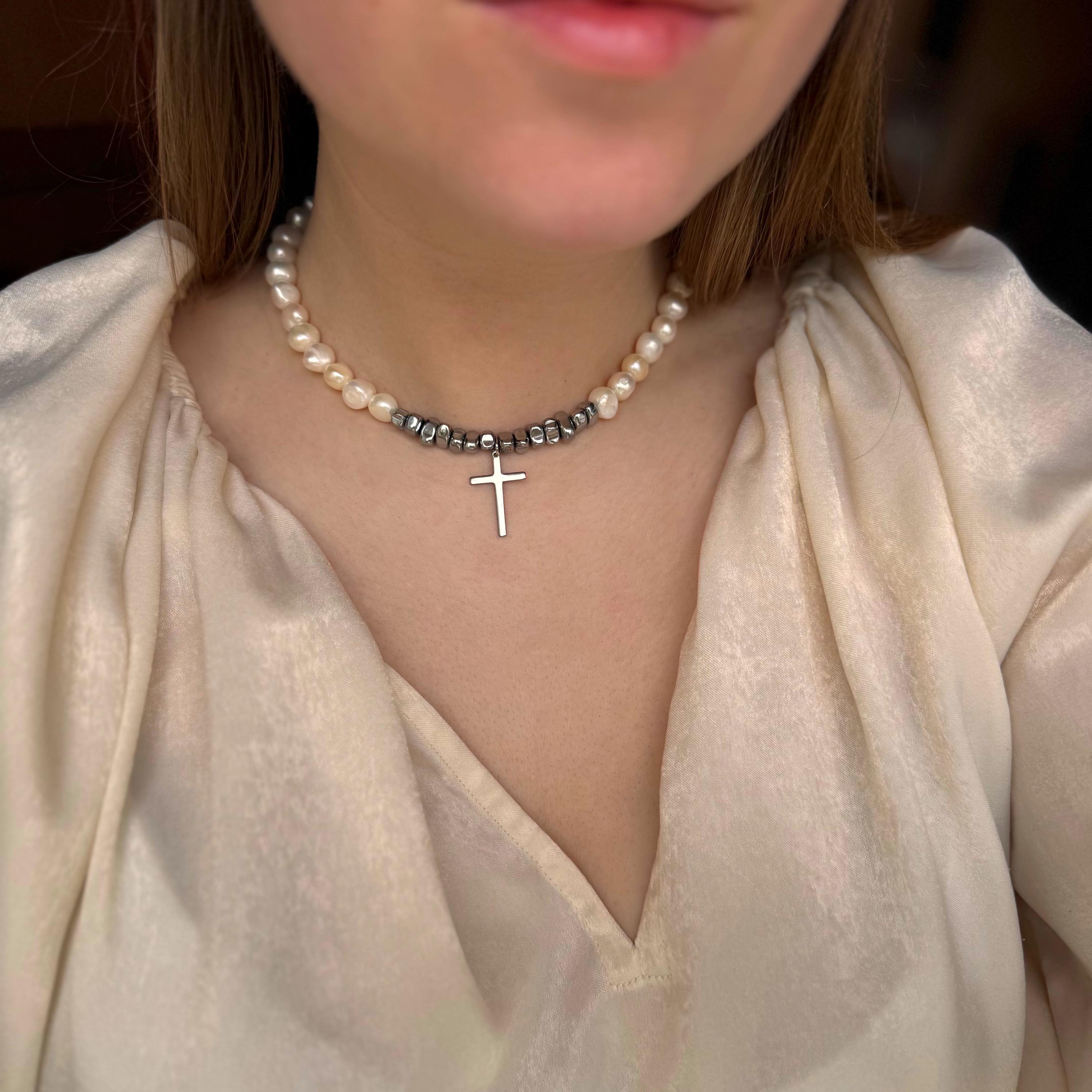 Sierlijke zoetwaterparel kruisketting, parel kruis choker, handgemaakte geloof sieraden cadeau voor vrouwen, zilveren kruis ketting, kruis parel choker