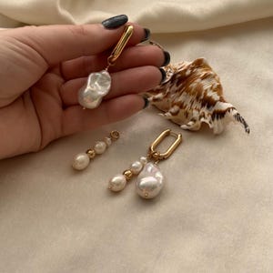 Detachable Freshwater Large Pearl Hoop Earrings Set, Gold Hoop earrings, Double Baroque Irregular Pearl earrings, Bride Stylish earrings