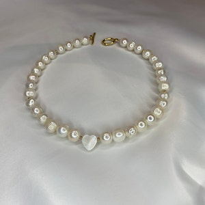 Chunky Pearl Necklace: Mother of Pearl Heart Pendant, Gold Toggle Clasp