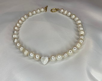 Chunky Pearl Necklace: Mother of Pearl Heart Pendant, Gold Toggle Clasp