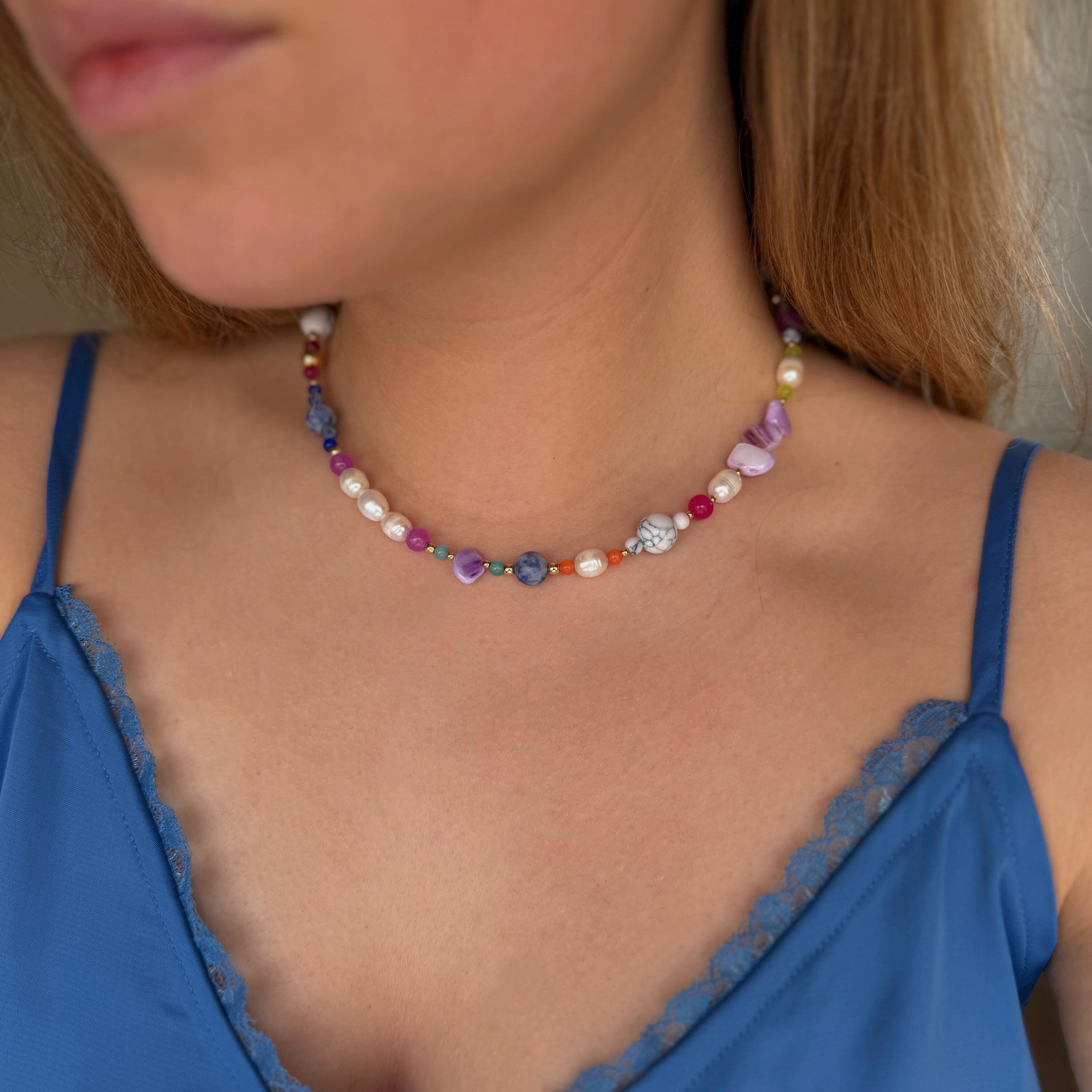 Colorful Gemstone And Pearl Necklace,  Beaded Pearl Stone Necklace, Pearl Shell Choker, Mixed Bead And Pearl Necklace, Multicolor Gem Choker