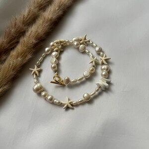 Irregular Pearl Necklace With Starfish, Surfer Starfish Necklace, Mixed Pearl Necklace, Starfish Choker Beige, Seashell And Starfish Choker