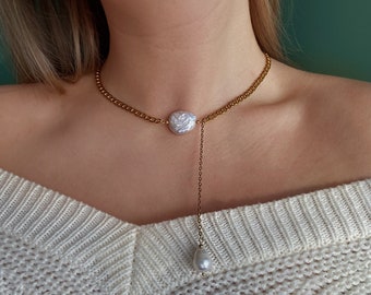 Gold Necklace Chain With Pearl Charm, Cuban Chain Necklace Pearl Pendant, Chunky Chain Necklace, Single Pearl Necklace, Coin Pearl Necklace