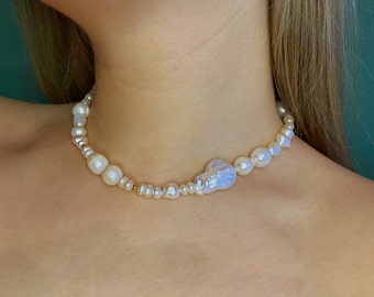 Gemengde barokke parelchokergoud, dikke parelketting, parelketting goud, barokke parelketting, sierlijke parelketting, cadeau voor haar
