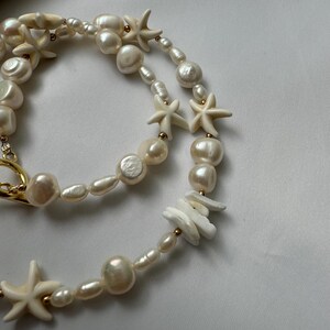 Irregular Pearl Necklace With Starfish, Surfer Starfish Necklace, Mixed Pearl Necklace, Starfish Choker Beige, Seashell And Starfish Choker