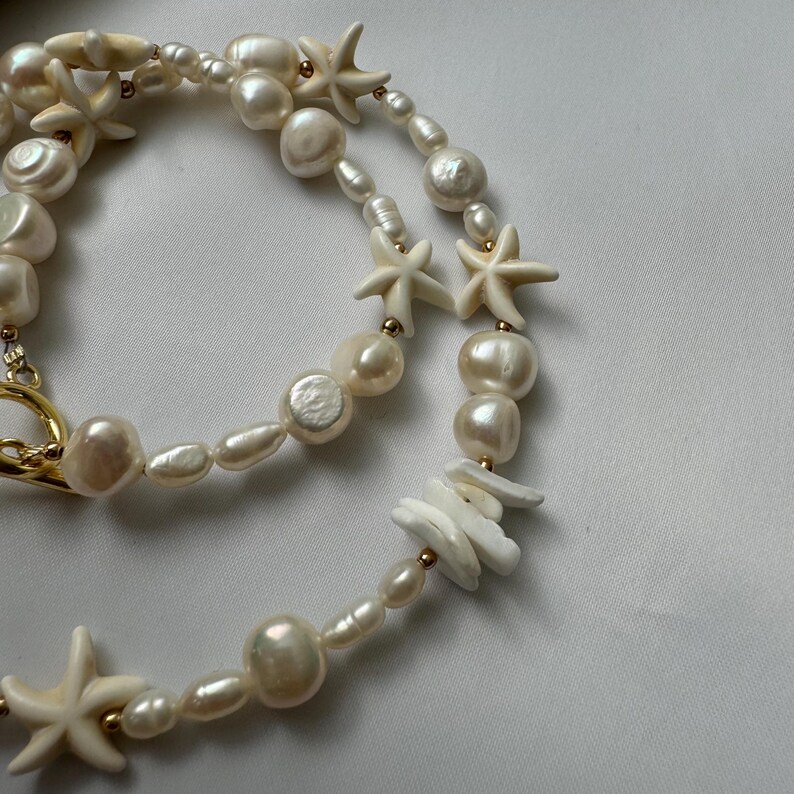 Irregular Pearl Necklace With Starfish, Surfer Starfish Necklace, Mixed Pearl Necklace, Starfish Choker Beige, Seashell And Starfish Choker