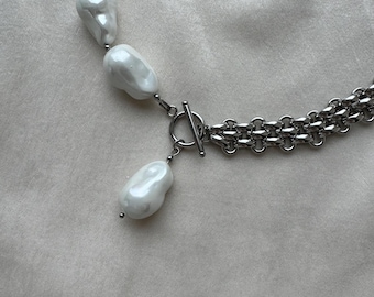 Half Pearl Half Silver Necklace, Large Baroque Pearl Necklace, Half Chain Pearl Necklace, Chunky Baroque Pearl Necklace, Silver Pearl Choker