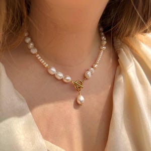 Half Pearl Half Gold Necklace, Half Pearl Half Gold Necklace, Half Pearl Choker, Gold Link Chain Necklace, Baroque Pearl Necklace