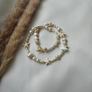 Irregular Pearl Necklace With Starfish, Surfer Starfish Necklace, Mixed Pearl Necklace, Starfish Choker Beige, Seashell And Starfish Choker