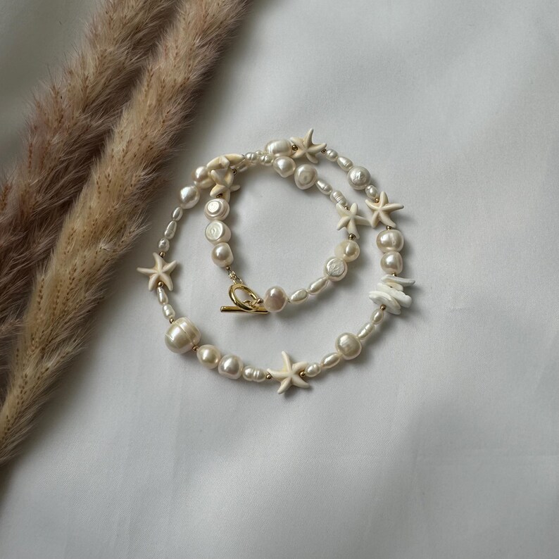 Irregular Pearl Necklace With Starfish, Surfer Starfish Necklace, Mixed Pearl Necklace, Starfish Choker Beige, Seashell And Starfish Choker