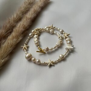 Irregular Pearl Necklace With Starfish, Surfer Starfish Necklace, Mixed Pearl Necklace, Starfish Choker Beige, Seashell And Starfish Choker