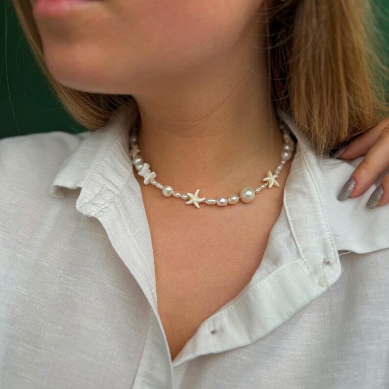 Irregular Pearl Necklace With Starfish, Surfer Starfish Necklace, Mixed Pearl Necklace, Starfish Choker Beige, Seashell And Starfish Choker