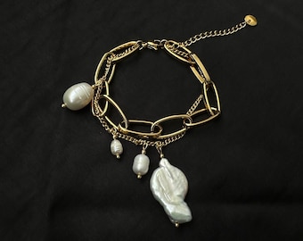 Baroque Pearl Bracelet Gold, Paper Clip Chain Bracelet, Irregular Pearl Bracelet, Double Chain Bracelet, Mixed Pearl Bracelet, Gift For Lady