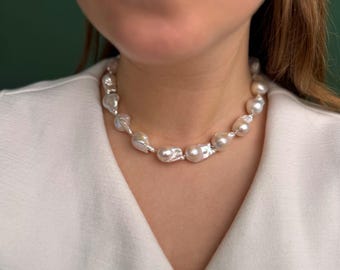 Large Baroque pearl necklace, chunky freshwater pearl choker, irregular pearl jewelry for women, unique statement necklace gift