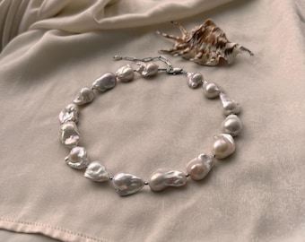 Véritable collier de perles baroques, gros collier de perles, collier de perles boule de feu, grand collier de perles baroques, collier de perles baroques en argent