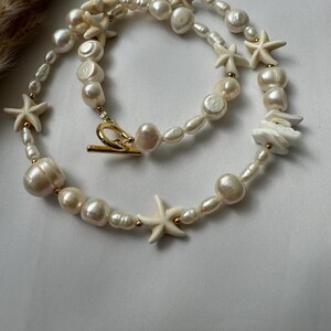 Irregular Pearl Necklace With Starfish, Surfer Starfish Necklace, Mixed Pearl Necklace, Starfish Choker Beige, Seashell And Starfish Choker