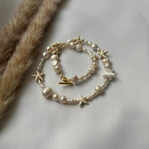 Irregular Pearl Necklace With Starfish, Surfer Starfish Necklace, Mixed Pearl Necklace, Starfish Choker Beige, Seashell And Starfish Choker