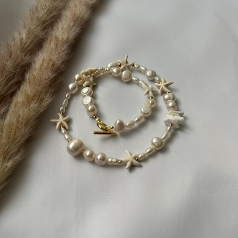 Irregular Pearl Necklace With Starfish, Surfer Starfish Necklace, Mixed Pearl Necklace, Starfish Choker Beige, Seashell And Starfish Choker