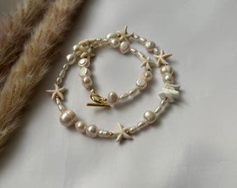 Mixed Pearl Necklace Beige, Starfish Charm Necklace, Ocean Lover Necklace, Surfer Pearl Necklace, Pearl Surfer Choker, Pearl Starfish Choker