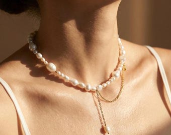 Freshwater Pearl Choker: Mixed Pearl Necklace with Gold Chain