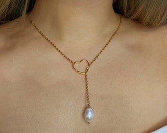 Baroque Pearl Pendant Necklace Heart, Pearl Drop Pendant Necklace, Dainty Pearl Necklace, Pearl Gold Necklace Single Pearl, Christmas Gift