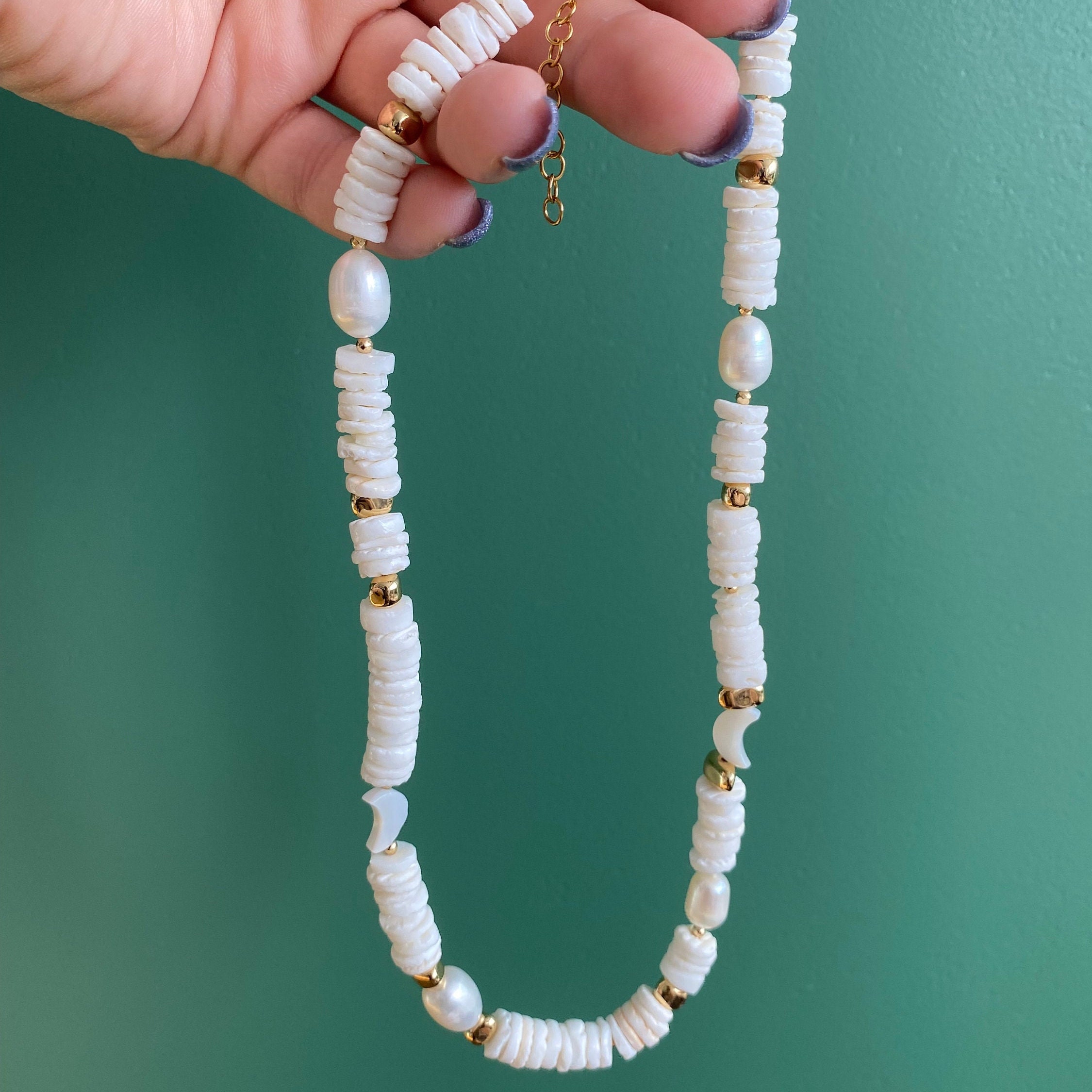 Surfer Shell Chain Puka Shell Necklace, Surfer White Shell Necklace, Pearl and Shell ...