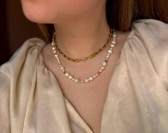 Freshwater Pearl Gold Chain Necklace: Gemstone Accent Layered Choker