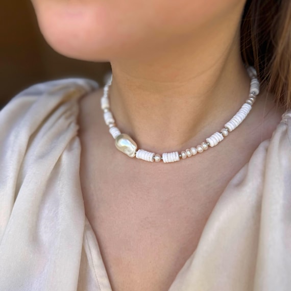 White Shell Pearl Choker: Dainty Beach Necklace, Baroque Pearl Centerpiece