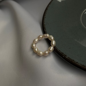 Elastic Real Pearl Ring, Dainty Pearl Ring, Elastic Pearl Ring, Freshwater Pearl Ring Gold, Beaded Ring Rice Pearl, Best Birthday Gift