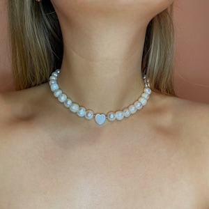 Chunky Baroque Pearl Necklace: Mother of Pearl Heart Pendant