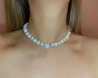 Chunky Baroque Pearl Necklace: Mother of Pearl Heart Pendant