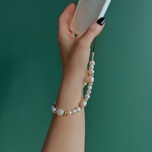 Correa para teléfono con perlas naturales, dije para teléfono con perlas, cadena para teléfono con perlas, lindo dije para teléfono, dije para teléfono con cuentas, correa para dije para teléfono