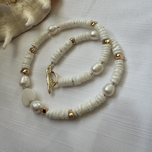 Puka Shell And Pearl Necklace, Seashell Necklace With Pearls, Heishi Beads Necklace, Pearl Shell Choker, White Seashell Necklace