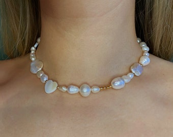 Mix of Baroque Pearl Necklace, Chunky Pearl Necklace, Freshwater Pearl Necklace, White Pearl Choker, Dainty Pearl Necklace, Gift for Her