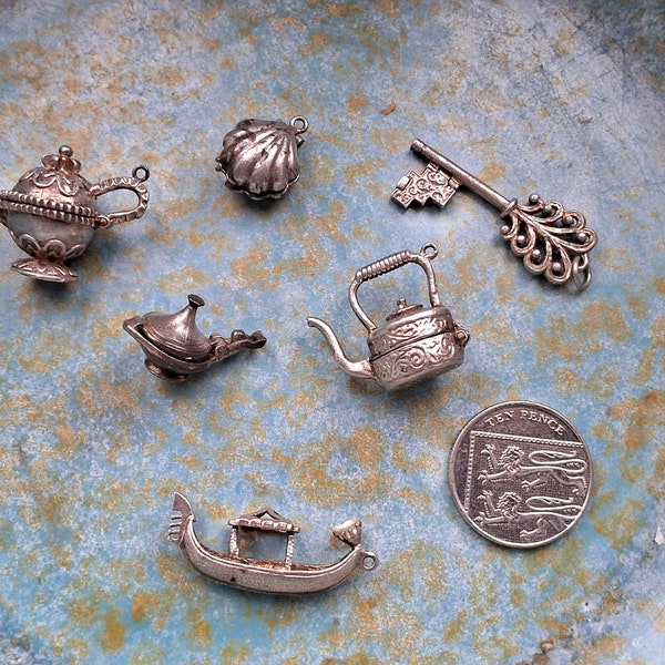 Vintage silver charm, charm bracelet, gondola charm, kettle charm, key charm, genie lamp charm, pearl charm, shell charm, lamp charm.