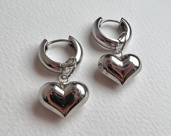 Silver Heart Earrings, Hoop Earrings, Heart Pendant Earrings